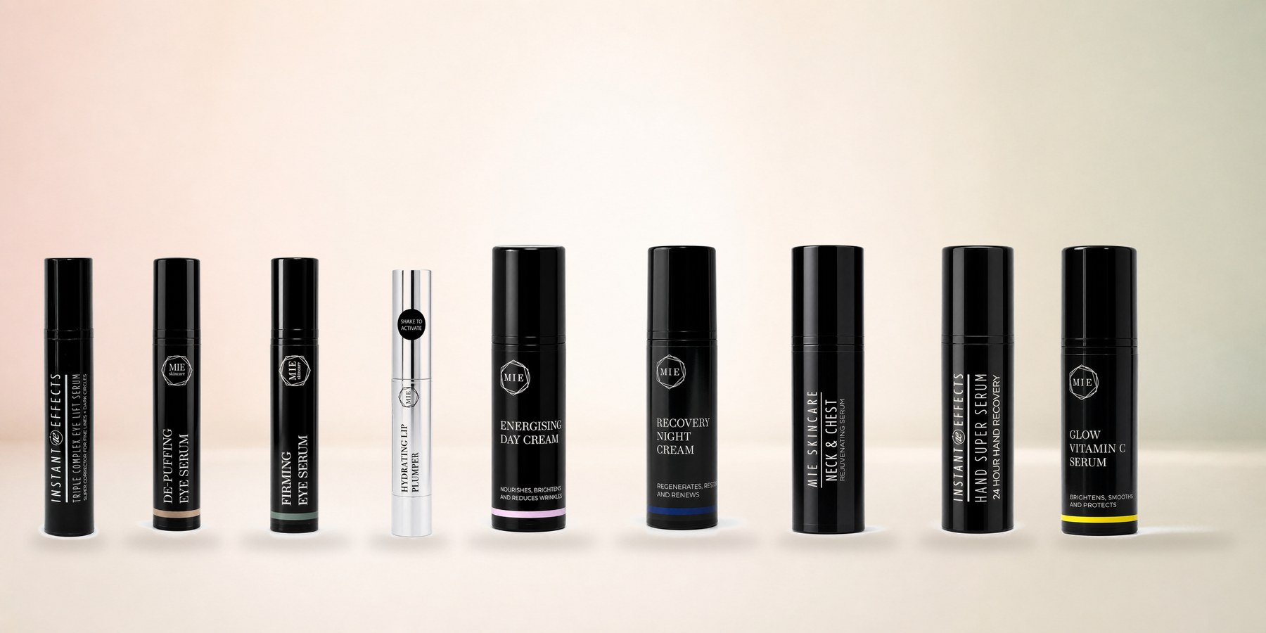 The nine MIE Skincare products, left to right